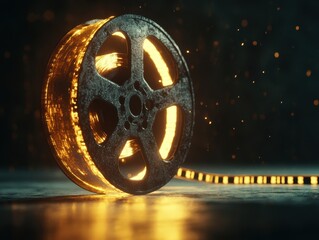 Illuminated Vintage Film Reel with Glowing Filmstrip in Dark Studio Setting