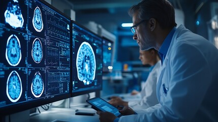 Poster - A group of medical professionals reviewing and analyzing detailed brain scans displayed on digital screens and tablets highlighting advanced  AI medical imaging technology : Generative AI