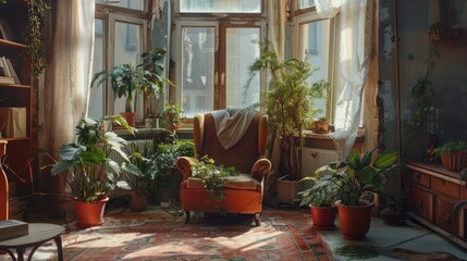 Canvas Print - Cozy living room with armchair, plants, and old carpet