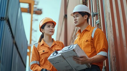 Wall Mural - Asian male and female customs officers are currently conducting inspections of containers within the container yard Officers are also conducting a count of inbound and outbound cargo : Generative AI