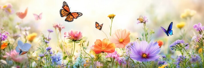Poster - Bright wildflowers bloom joyfully in a sunny meadow while colorful butterflies flit gracefully among them. Generative AI