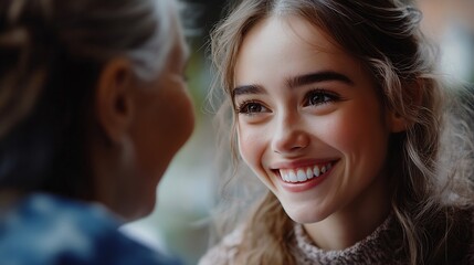 Poster - Happy care and face of a doctor with a woman for medical trust healthcare and help Laughing hug and portrait of a young nurse with a senior patient and love during a consultation at a  : Generative AI