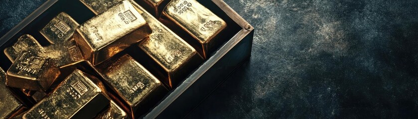 A close-up of gleaming gold bars stacked in a dark wooden box, symbolizing wealth and luxury in a rich, textured setting.