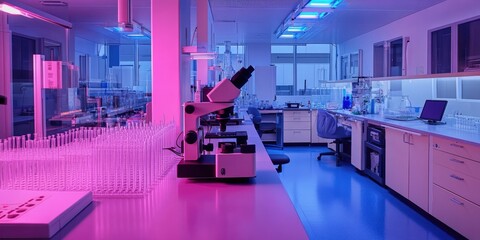 Wall Mural - Cutting-edge research lab featuring a microscope and biochemical test tubes, highlighting advanced biotechnology and high-tech medical equipment.