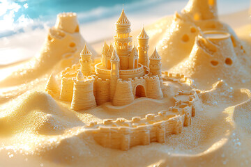 Wall Mural - Sand Castle on the Beach over Sunset Background