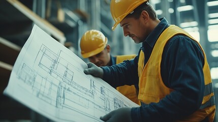 Poster - team engineer foreman architect meeting for colleagues discussing and checks construction blueprints at onsite : Generative AI