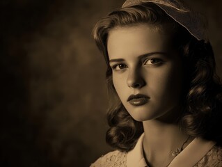 Wall Mural - Vintage Portrait of a Young Woman with Retro Hairstyle and Lace Dress in Sepia Tone