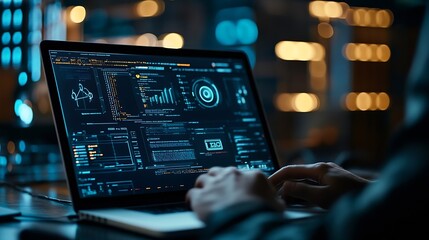 Fototapete - Data science digital technology concept Computer science engineer programming on laptop at office data exchange system control and data management with Ai Business and Artificial intel : Generative AI