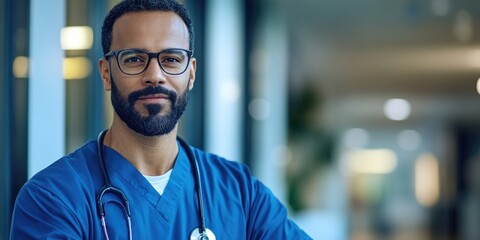 Wall Mural - Male doctor in a hospital wearing a stethoscope, representing professional medical care.