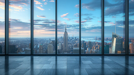 Modern city skyline view through large glass windows in a high-rise building