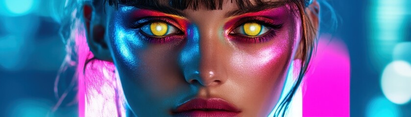 Wall Mural - Futuristic Portrait of a Woman with Neon Makeup and Glowing Eyes in a Vibrant Cyberpunk Setting