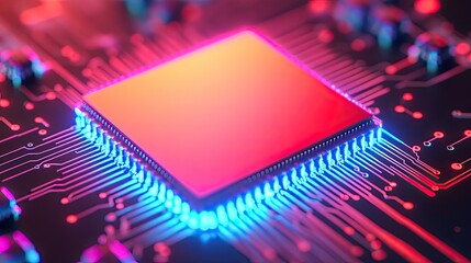 Poster - Vibrant close-up of a computer chip with glowing circuitry, representing technology and digital innovation in a modern design.