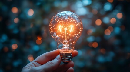 Poster - Hand man holding illuminated lightbulb idea innovation and inspiration with glowing virtual brain smart intelligent creativity with bulbs Motivation and innovation concept : Generative AI