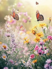 Wall Mural - Wildflowers bloom beautifully as butterflies flutter gracefully above them in a bright and peaceful meadow setting. Generative AI