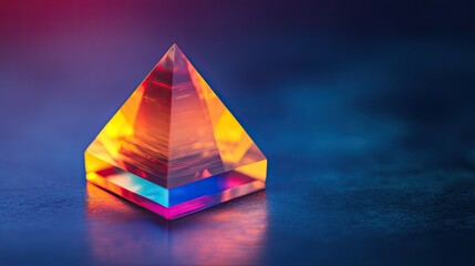 Poster - Vibrant crystal pyramid reflecting colorful light, showcasing artistic design and modern aesthetic on a blurred background.
