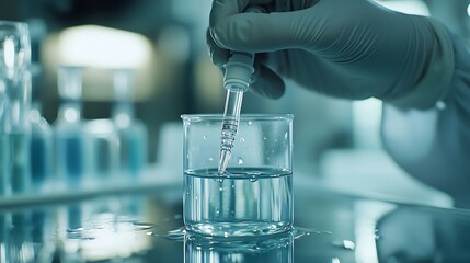 Aufkleber - Medical development research laboratory chemist or science scientist student hand in glove drop water into pipette for test analysis liquid sample in clinic lab Microbiology analysing  : Generative AI