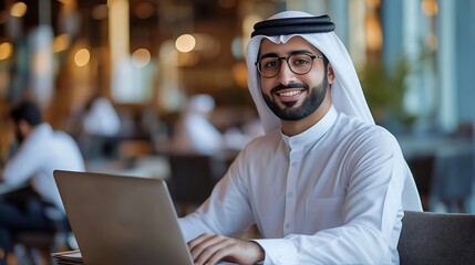 Leinwandbilder - Portrait of young arab businessman inside office man typing on laptop smiling boss happy with results of financial success at workplace : Generative AI