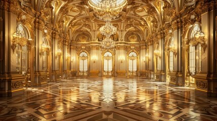 a classic painting of a grand ballroom with gleaming gold walls adorned with ornate moldings and int