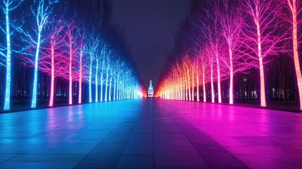 Poster - Vibrant illuminated trees line a pathway, displaying a stunning array of blue and pink lights under a night sky.