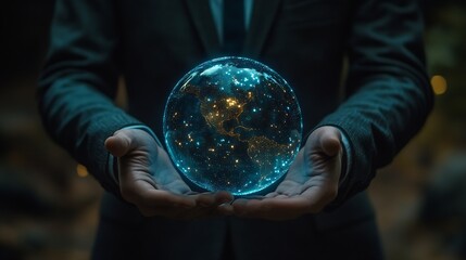 Leinwandbilder - Business service online digital technology Businessman holding digital globe hologram Quality business relationship Customer service advice and support Technology robot assistance onli : Generative AI