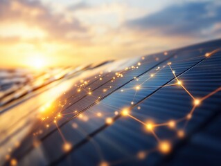 Wall Mural - Close-up of Solar Panels with Glowing Network Connections at Sunset, Symbolizing Renewable Energy and Technology