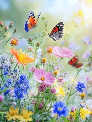 Poster - Wildflowers bloom beautifully while butterflies dance around them in a bright sunny meadow, creating a joyful outdoor atmosphere. Generative AI