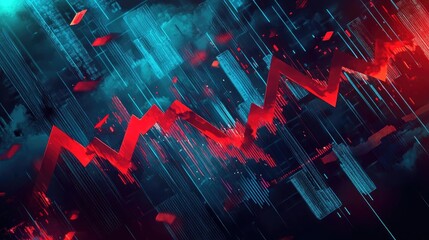 An abstract digital background featuring a fluctuating red graph line against a dark, futuristic backdrop.