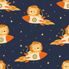 Wall Mural - Cute seamless vector pattern. Cute lion flying on a rocket to space, stars . Vector illustration