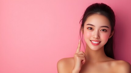 beautiful young asian woman pointing finger to her teeth on isolated pink background facial and skin