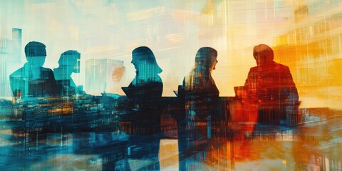 Wall Mural - Double exposure of a business conference group meeting with a city office building in the background, symbolizing partnership and success.