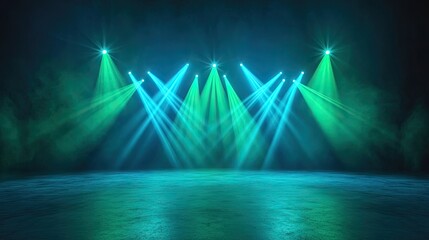 Poster - Vibrant stage lights in blue and green illuminate a dark venue, creating an energetic atmosphere perfect for performances and events.