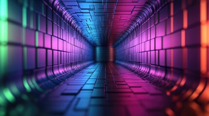 Poster - Vibrant tunnel with colorful lights, showcasing a futuristic and abstract design. Ideal for technology and modern concepts.