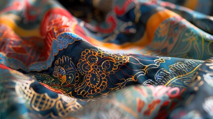 A close-up shot of a batik-dyed fabric, showcasing the intricate patterns and vibrant colors achieved using wax resist