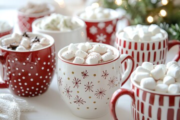 Assortment of festive mugs filled with hot chocolate and marshmallows.