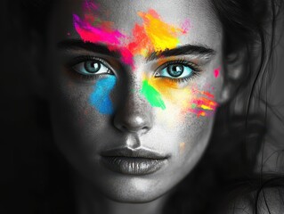 Wall Mural - Striking Portrait of a Woman with Vibrant Neon Paint on Face Against Dark Background