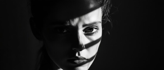 Wall Mural - Dramatic Black and White Portrait of a Woman with Intense Shadows and Light Play on Her Face