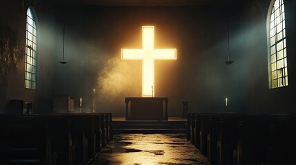 An illuminated cross in a dark chapel, symbolizing hope and salvation.