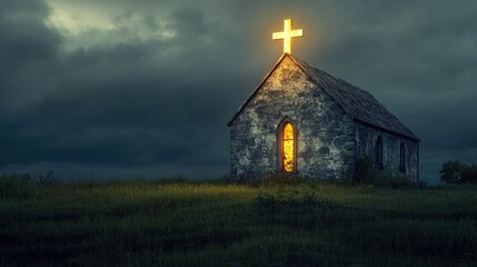 An old, weathered stone church with a glowing cross on top, standing in a serene field.