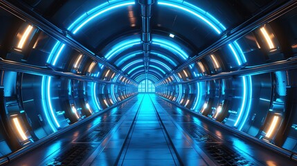 Poster - Futuristic tunnel illuminated with vibrant blue neon lights, creating a sense of depth and advanced technology.
