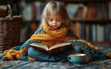 little girl sitting on a chair with a book