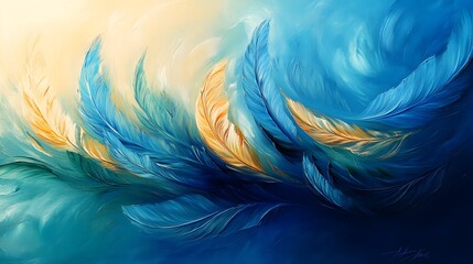 Wall Mural - Abstract Painting of Blue and Gold Feathers