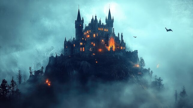 Detailed icon of a haunted castle on a hill, surrounded by fog and glowing lights.