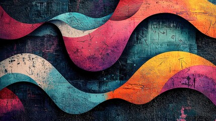 Poster - Colorful abstract waves with a textured background creating a dynamic artistic expression on a dark surface