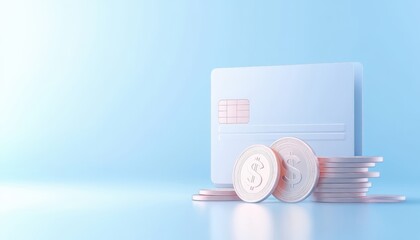 A stack of coins and a credit card on a blue background