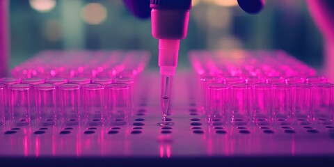 Wall Mural - Scientist pipetting samples into a microplate in a laboratory, representing advanced medical research.