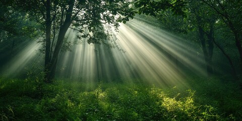 Wall Mural - Beautiful rays of sunlight streaming through a green forest.