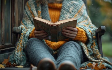 A serene scene of a person reading by candlelight, wrapped in a blanket, 