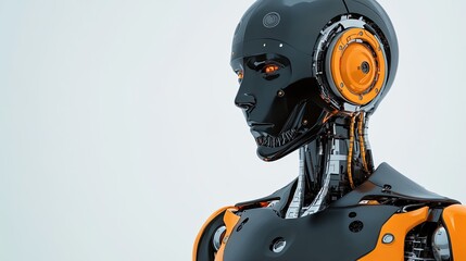 Poster - A close-up of a futuristic robot with intricate details and vibrant orange accents, representing advanced technology and design.