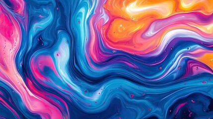 A colorful abstract painting in a fluid art style, featuring bold shades of blue, vibrant coral, and yellow, with smooth curves and rippling textures