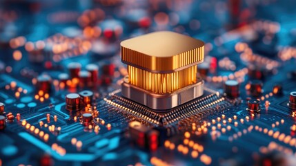 Poster - A close-up of a golden microchip on a vibrant printed circuit board with glowing lights, symbolizing advanced technology.